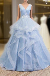 Sweetheart Blue Organza Ballgown V Neck Ruffles Appliques Semi Formal Prom Dresses Beautiful